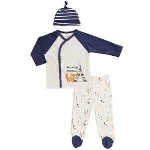 Baby Boys 3-Piece Set Kimono Style Top Footed Pants & Matching Hat 3-6M Asher &